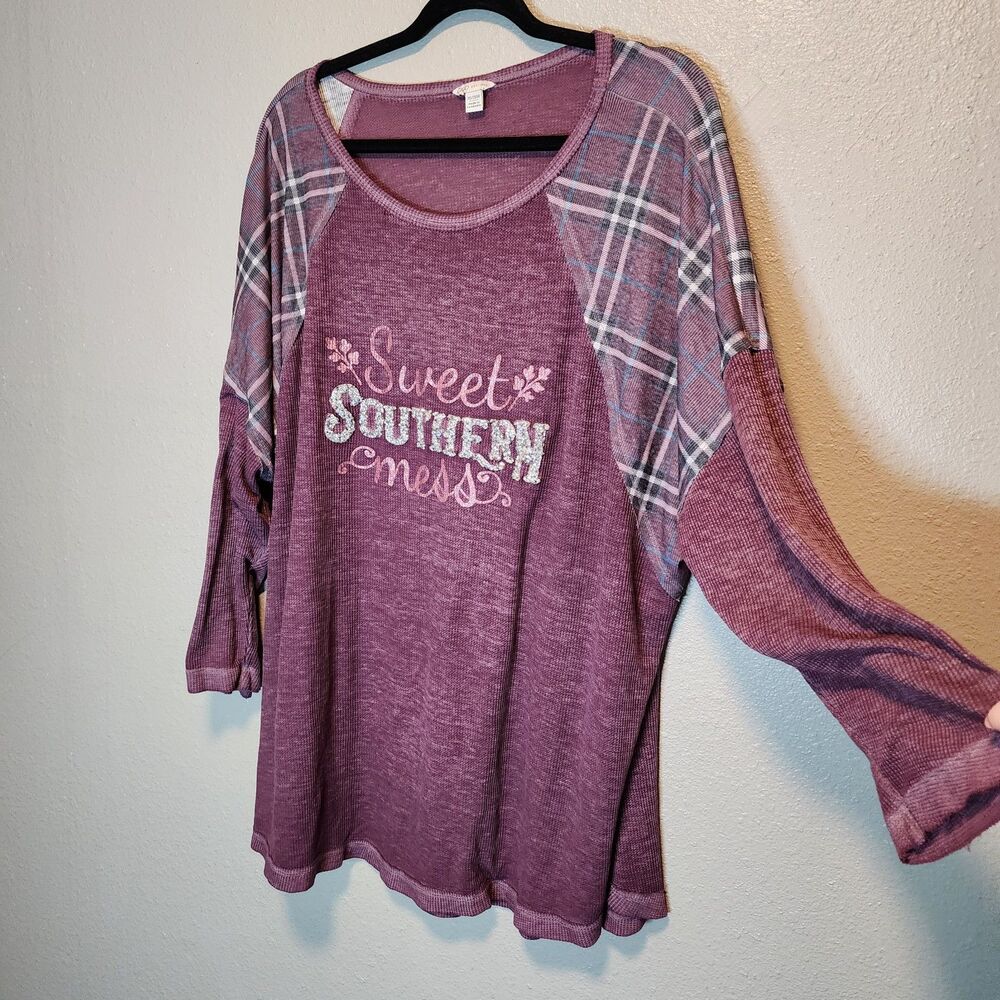 Cato Plus Size 26/28W Dusty Plum Waffle Thermal Top -"Sweet Southern Mess" Plaid